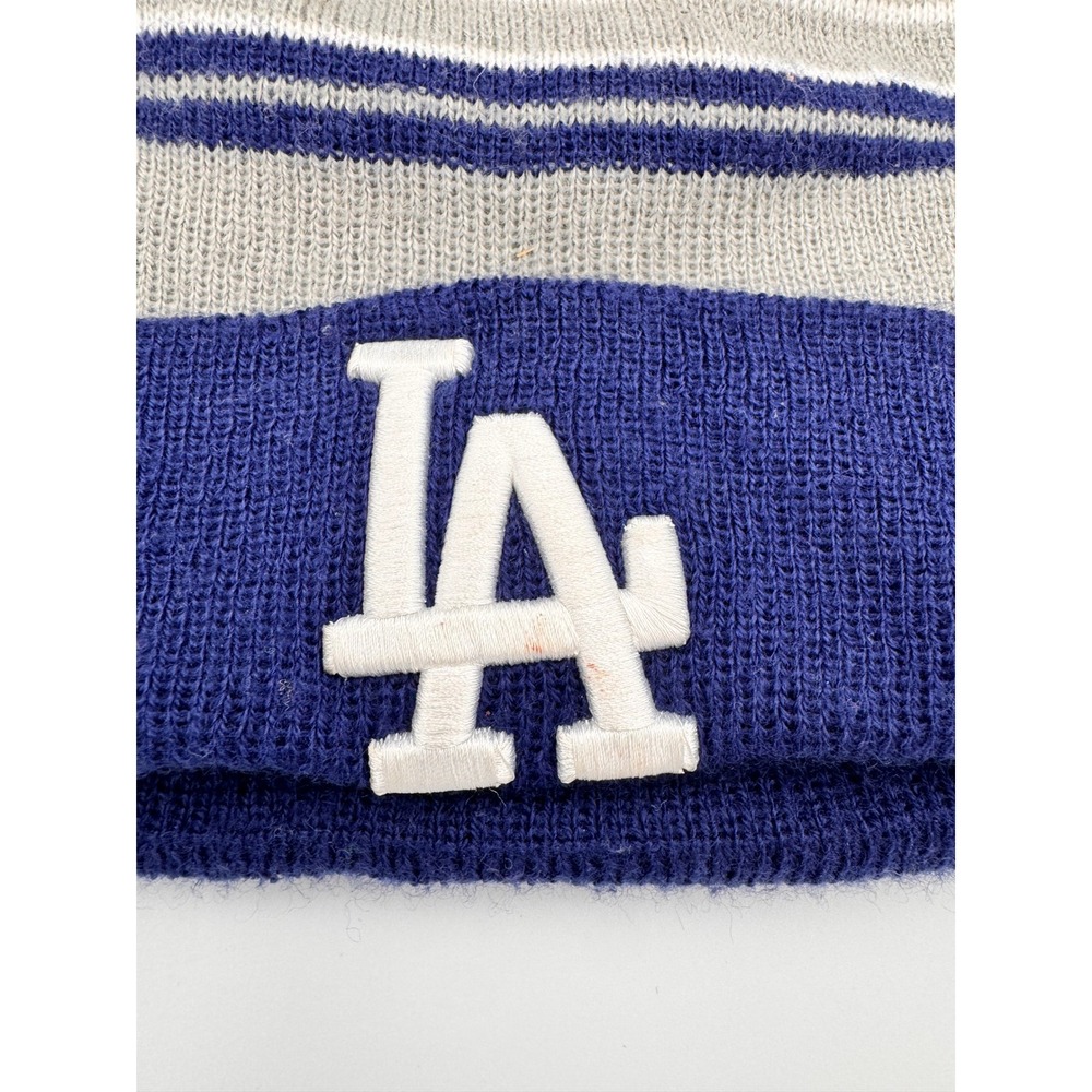 Los Angeles LA Dodgers New Era Knit Pom Beanie Hat Blue Gray Stripe One Size - Picture 2 of 6
